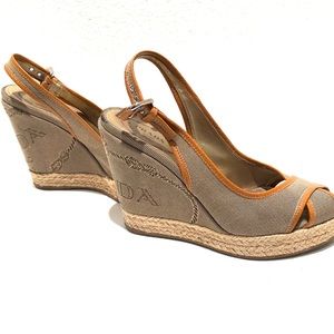 Authentic PRADA Beige Brown Canvas Monogram Wedge
